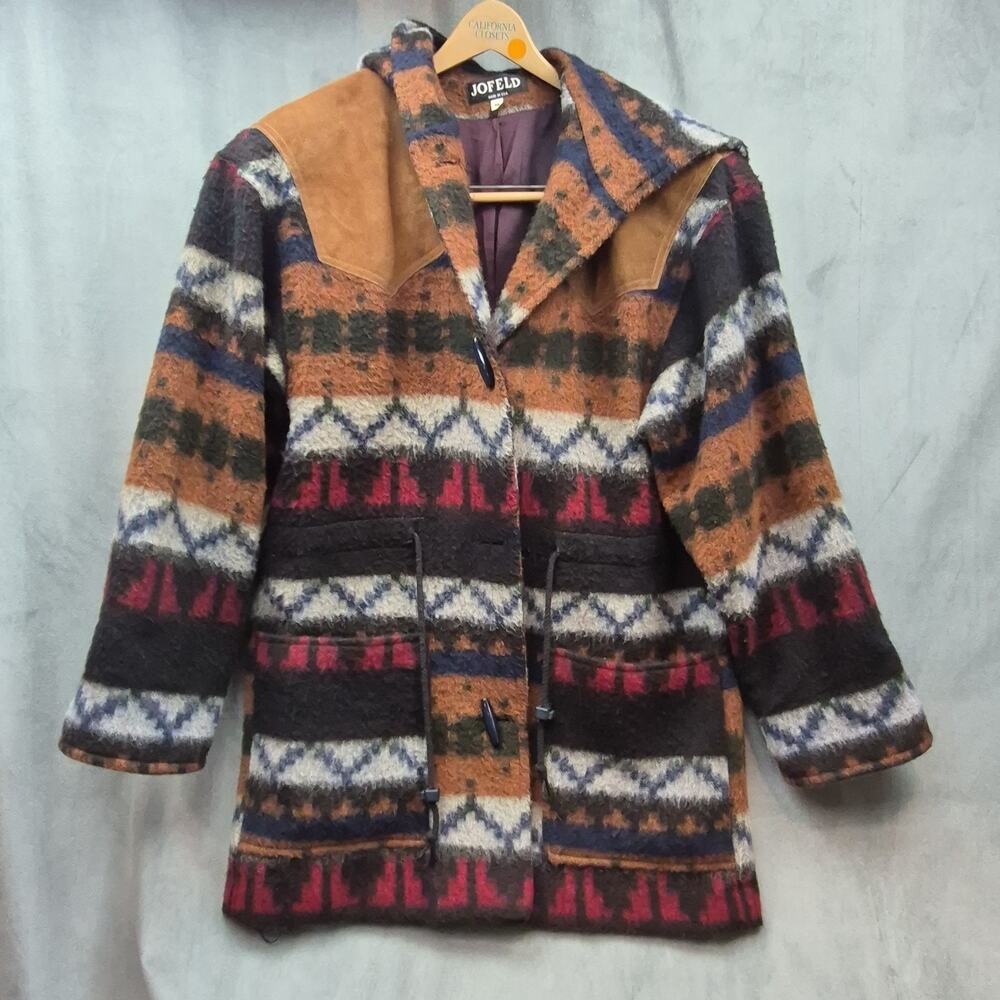 Vintage 80s Aztec Western Jofeld Toggle Coat Woolblend Leather Hooded Womens M